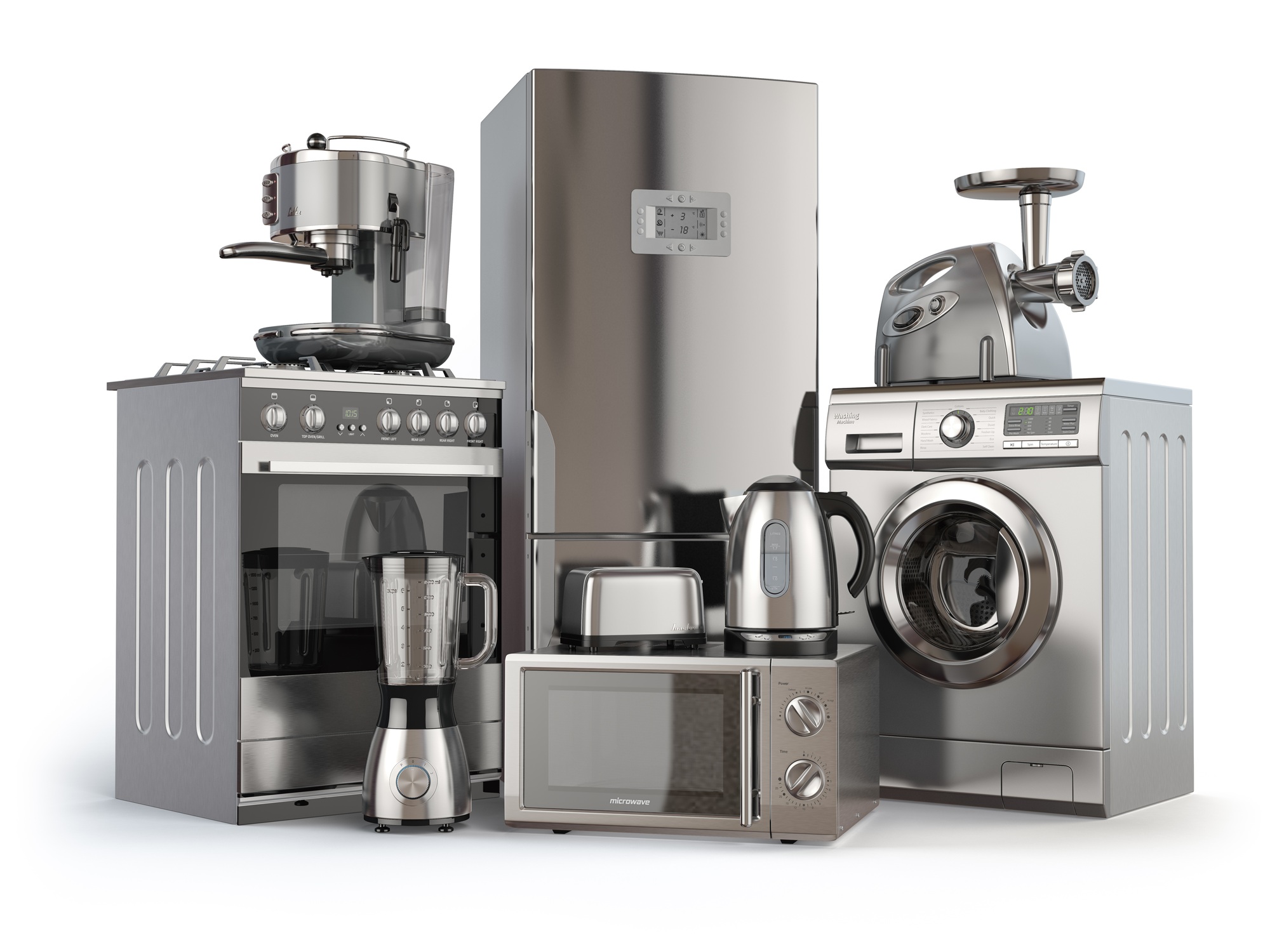 Home appliances. Gas cooker, refrigerator, microwave and washi