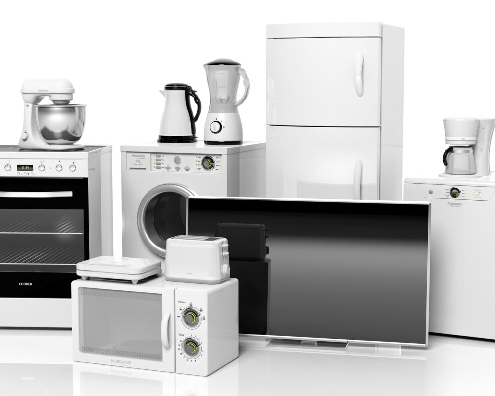 Group of home appliances isolated on white background